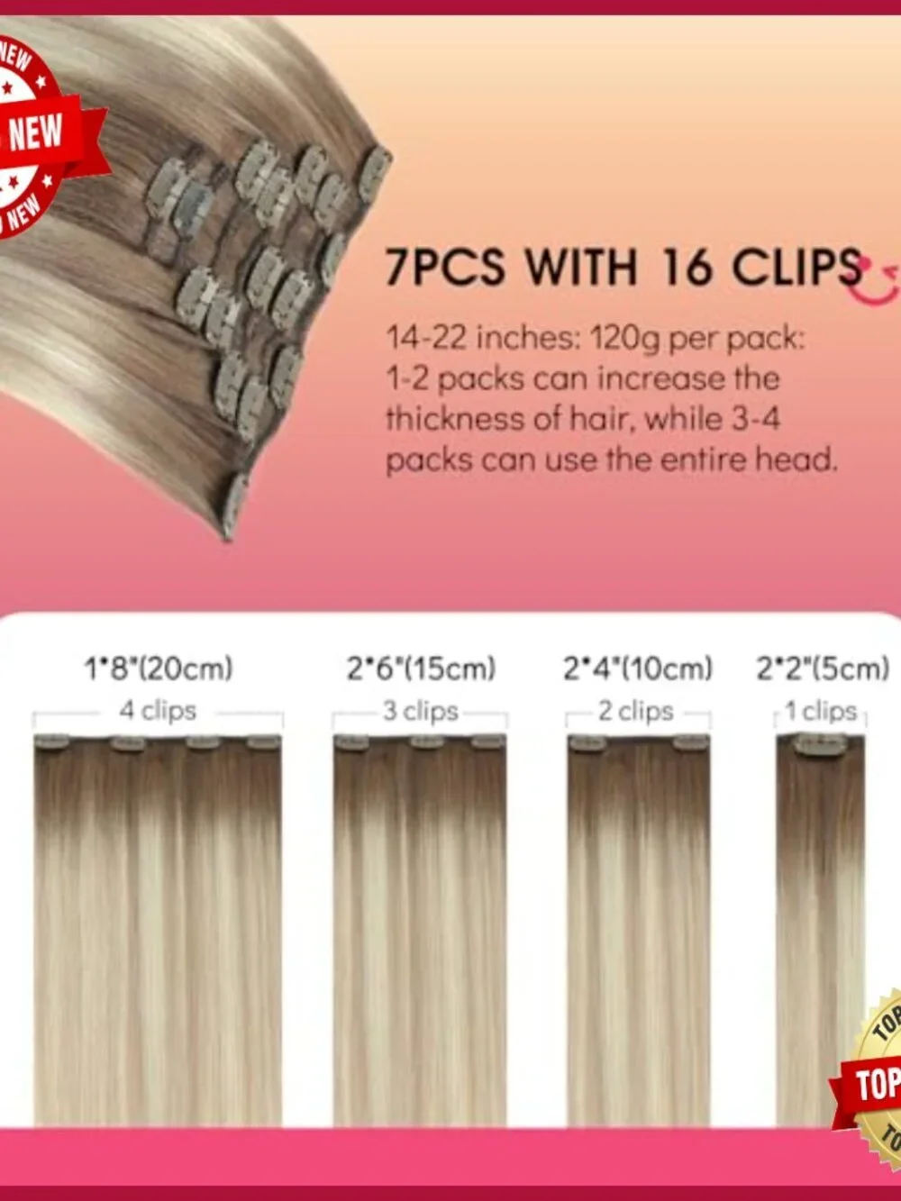 14 Inch Real Human Hair Clip Extensions, 7 Pieces 120g, Heat-Friendly